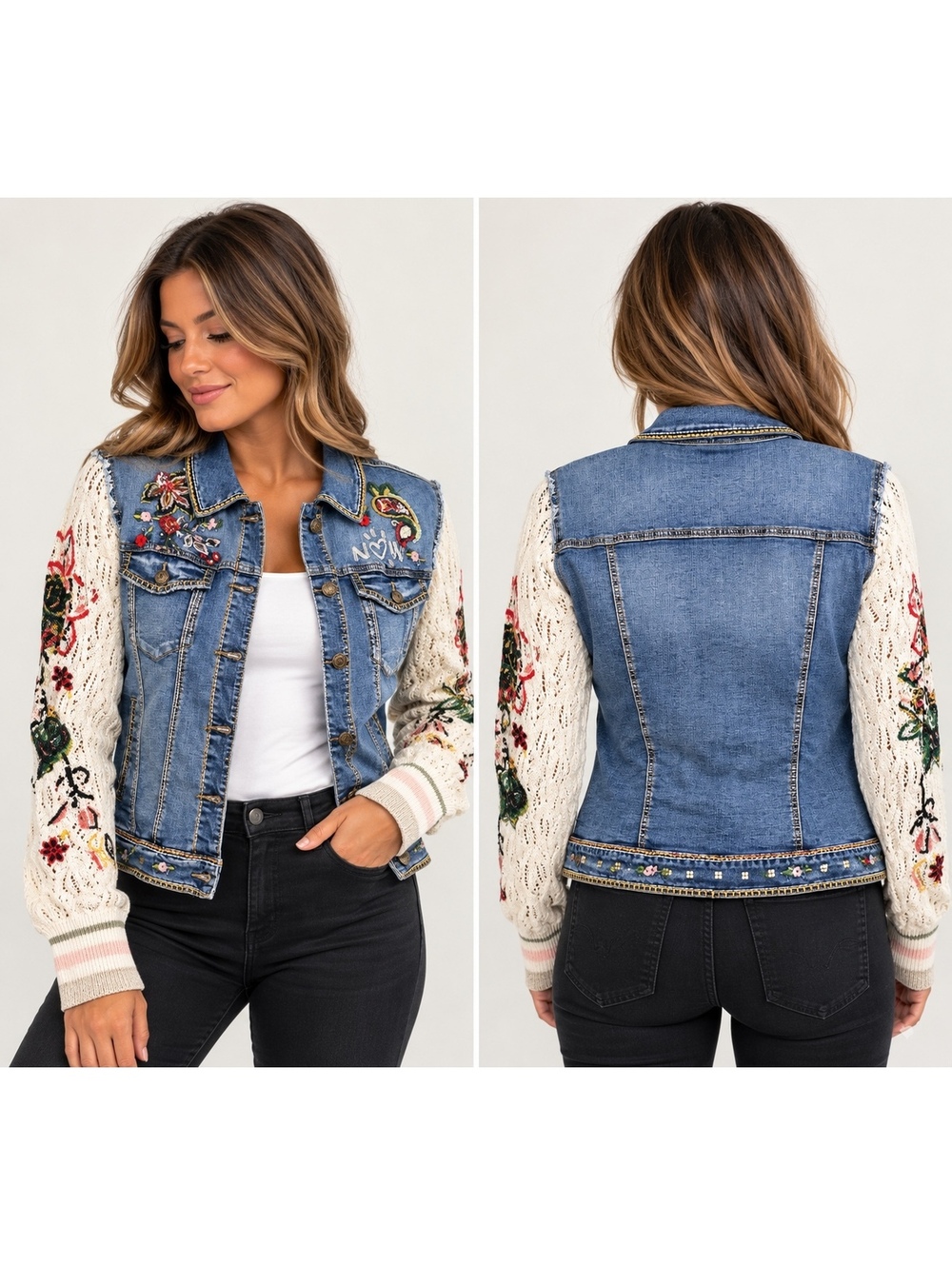Desigual Women's Denim Jacket Size 44 Embroidered Floral Crochet Knit Sleeves